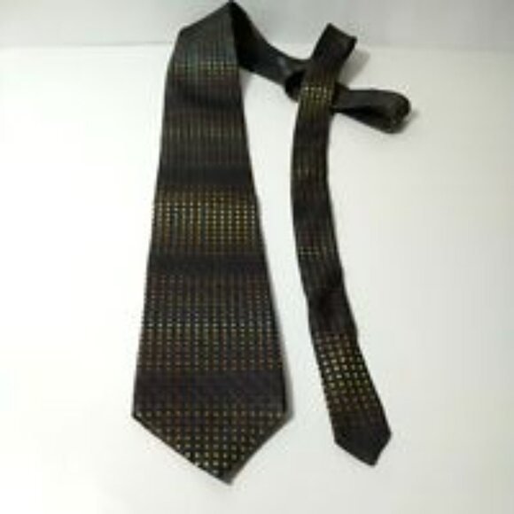 DKNY 100% Silk Tie Necktie Men Gray Gold Brown Geometric Squares 57.5 x 3.5 inch - Picture 5 of 8